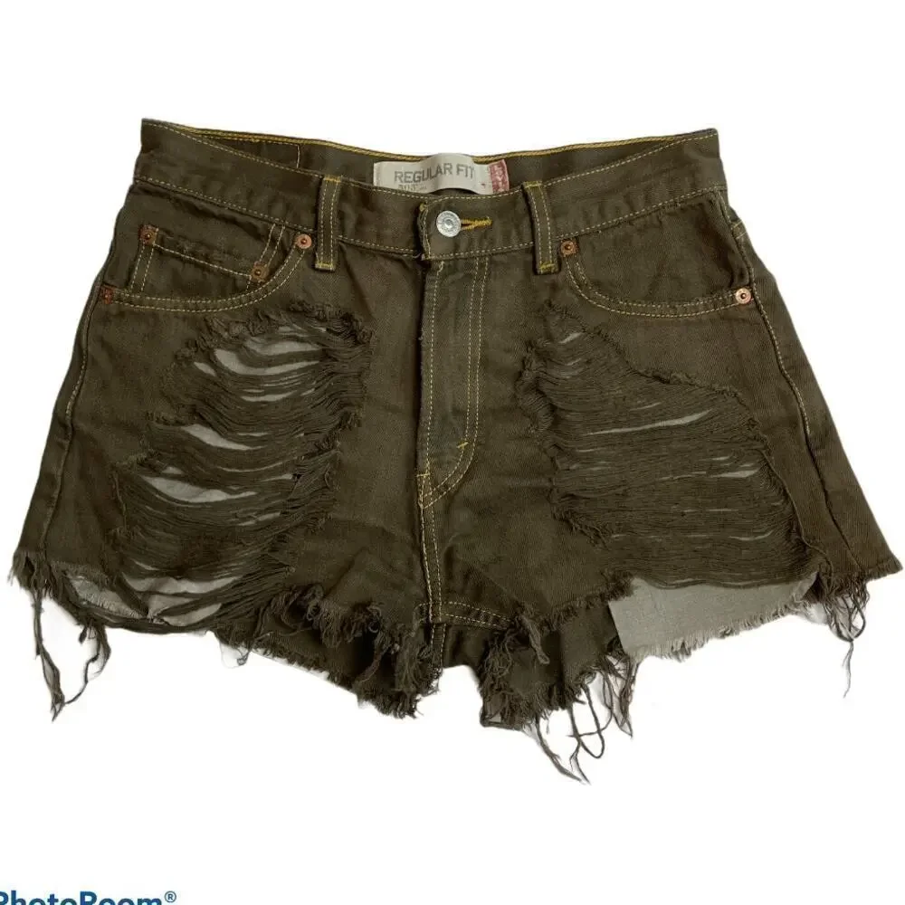 Levi's 505 Distressed Cut Out Olive Green Shorts Women's Size 30